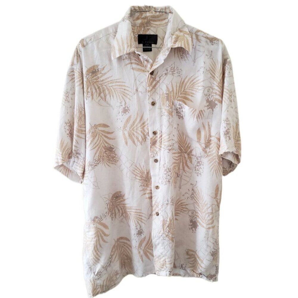 J. Ferrar Mens Cream with Light Tan Palm Fronds Short Sleeve Button Down Shirt